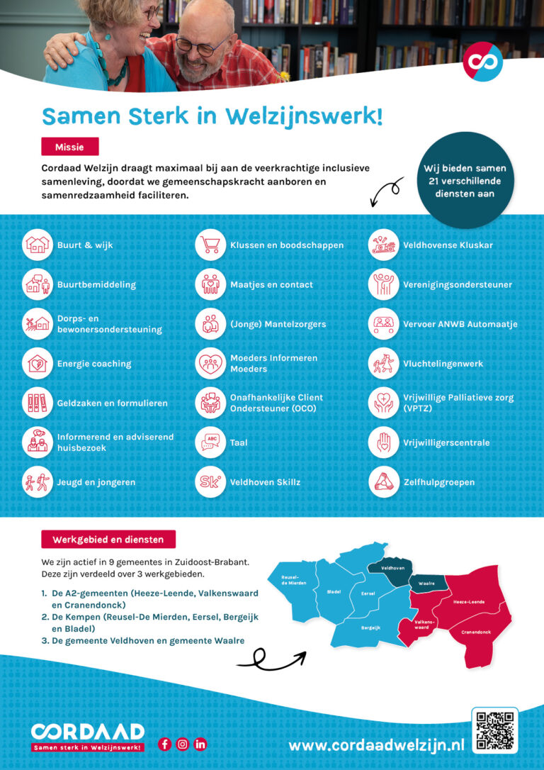 Infographic over de missie, het werkgebied en de diensten van Cordaad Welzijn